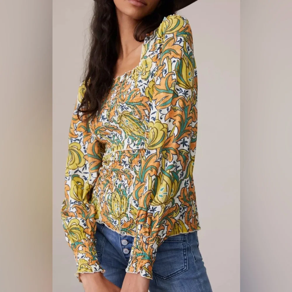 Anthropologie Rayna Smocked Floral Print Puff Sleeve Blouse | Size XS | NWOT